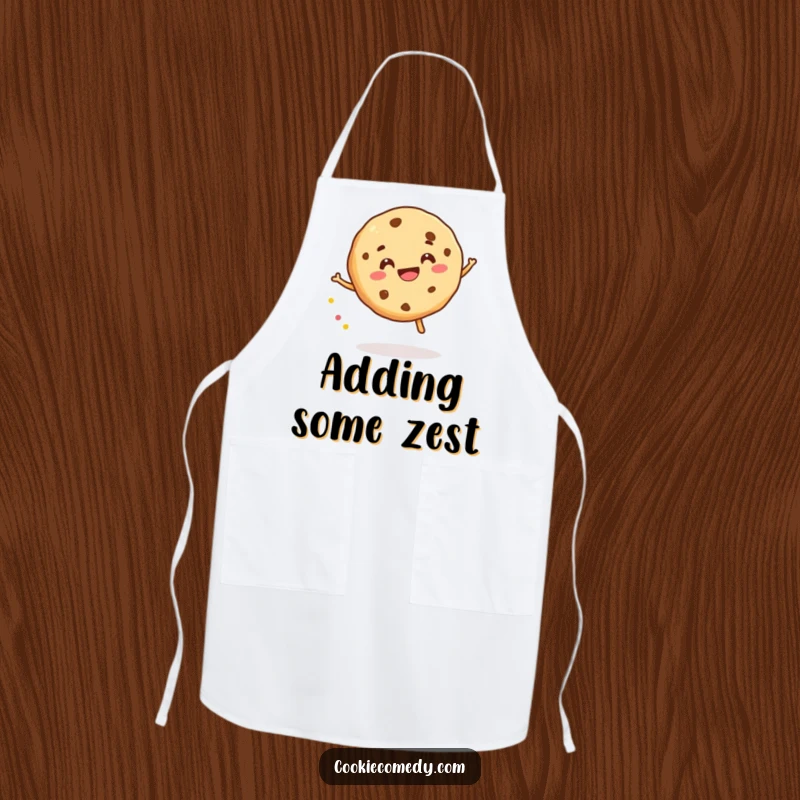 Funny apron featuring a cookie character gleefully bouncing a tiny sprinkle, keeping you clean with a pop of playful humor.