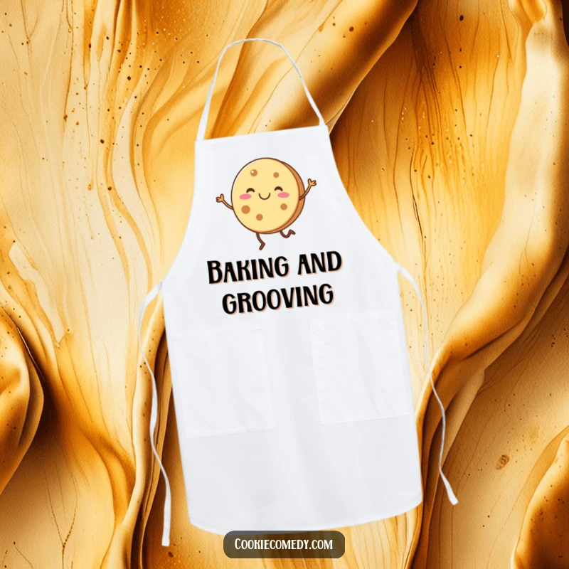 Funny, smiling round cookie character with short legs doing a joyful dance on a durable apron.