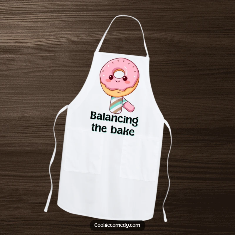 Funny apron design with a happy donut character balancing on a candy cane, adding sweet charm to kitchen wear.