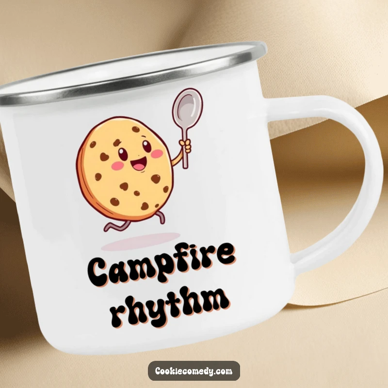 Funny camping mug featuring a cookie character enthusiastically dancing with a tiny spoon, built for adventure with a dose of lively fun.