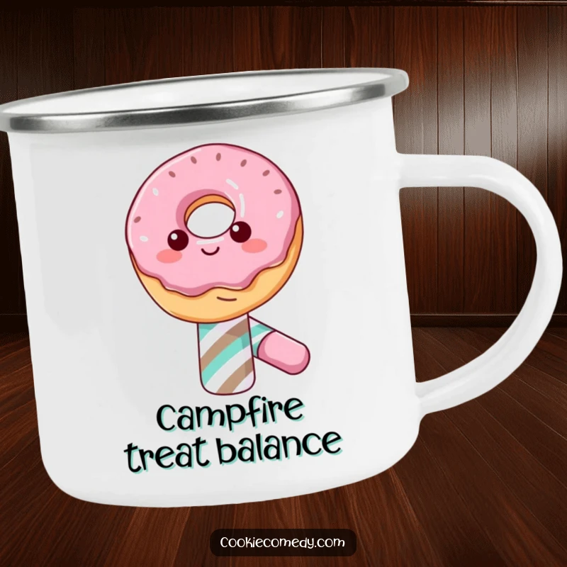 Funny camping mug showing a happy donut character balancing on a candy cane, perfect for enjoying beverages outdoors with a sweet twist.