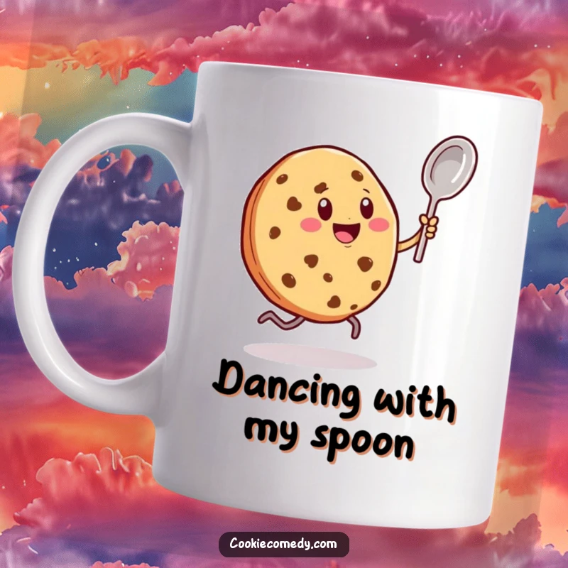 Funny mug featuring a cookie character with little legs enthusiastically dancing with a tiny spoon, full of rhythm and joy.