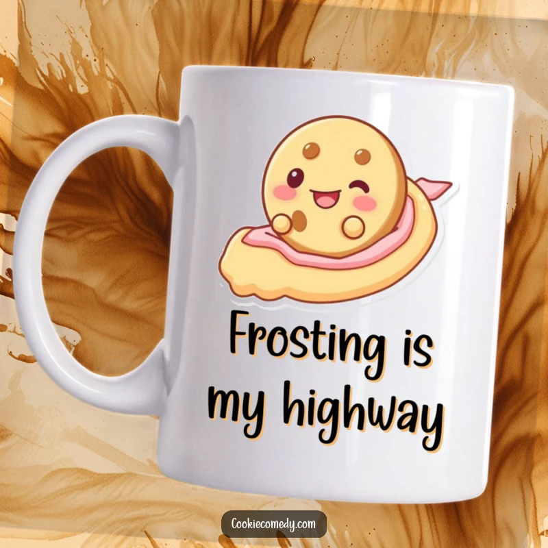 Funny mug featuring a round cookie character joyfully sliding down a sweet ribbon of frosting, capturing a moment of pure delight.