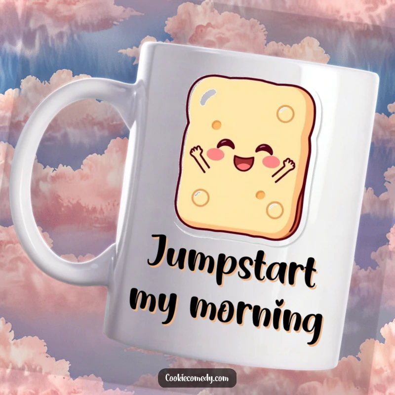 Funny mug featuring a rectangular biscuit character with a happy face, jumping with pure glee, perfect for a morning coffee.