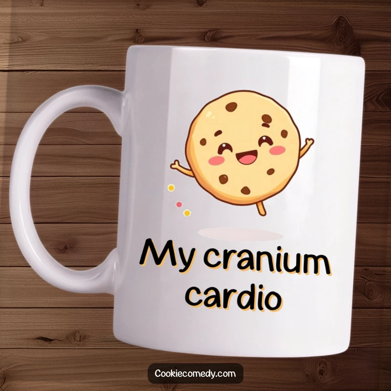 Funny mug featuring a smiling cookie character gleefully bouncing a tiny, colorful sprinkle with infectious energy and joy.