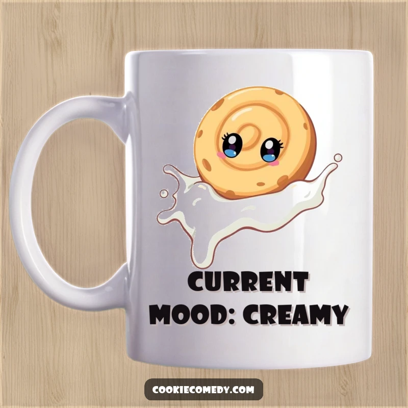 Funny mug featuring a swirled cookie character with bright eyes, comically sliding down a stream of milk, perfect for breakfast.