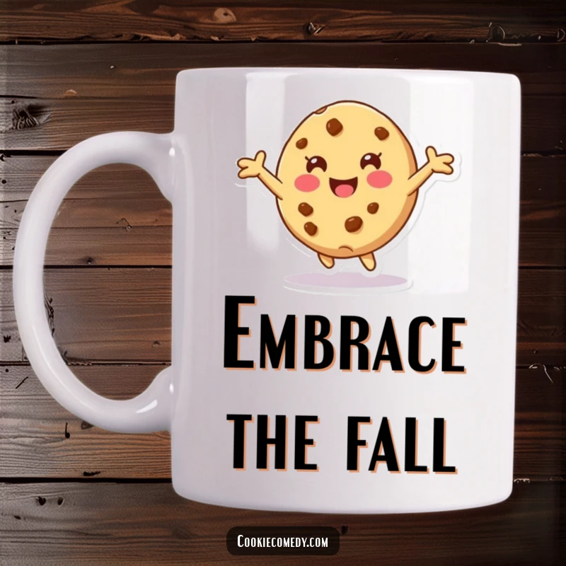 Funny mug featuring a cookie character with arms outstretched, playfully tumbling forward with a look of joyous abandon.