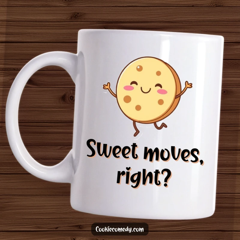 Funny, smiling round cookie character with short legs doing a joyful dance, perfect for a sweet treat lover's mug.