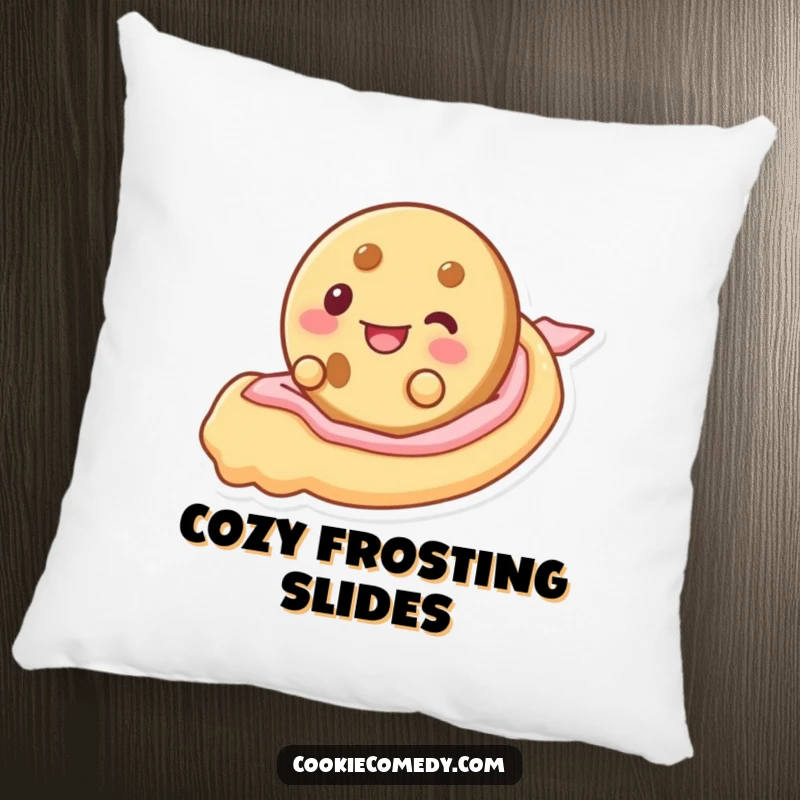 Funny pillow depicting a cookie character joyfully sliding down a frosting ribbon, offering soft comfort and sweet humor.