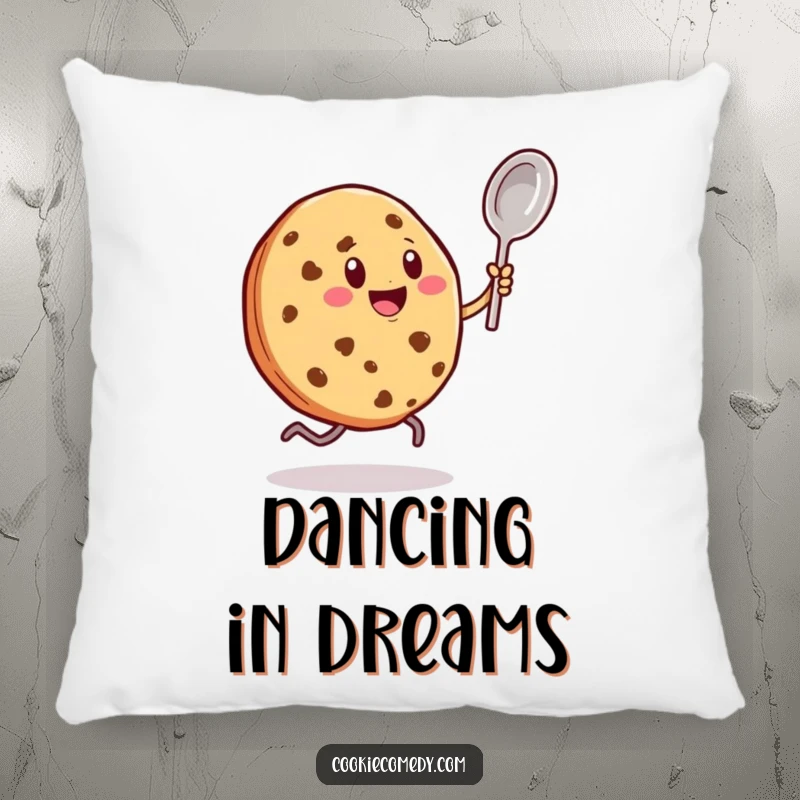 Funny pillow depicting a cookie character with little legs enthusiastically dancing with a tiny spoon, offering soft comfort and lively fun.