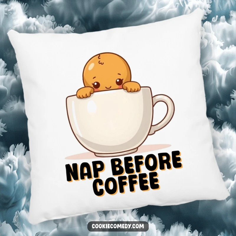 Funny pillow showcasing a shy gingerbread person peeking over a giant coffee cup, offering comfort and a touch of sweet introversion.