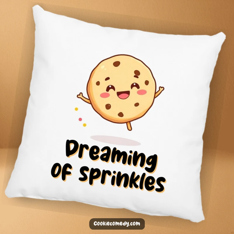 Funny pillow depicting a cookie character gleefully bouncing a tiny sprinkle, offering soft comfort and a dose of pure, playful joy.