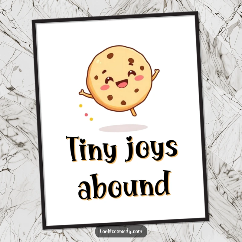 Funny digital art print of a cookie character gleefully bouncing a tiny sprinkle, ready for instant playful and humorous wall decor.
