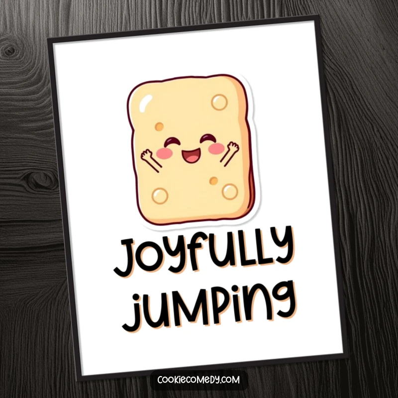 Funny digital art featuring a happy rectangular biscuit character in a dynamic, gleeful jump, ready to add joy to any space.
