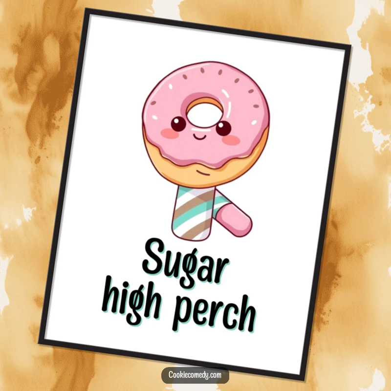 Funny digital art of a happy donut character balancing on a candy cane, ready to add sweet charm and humor to any display.
