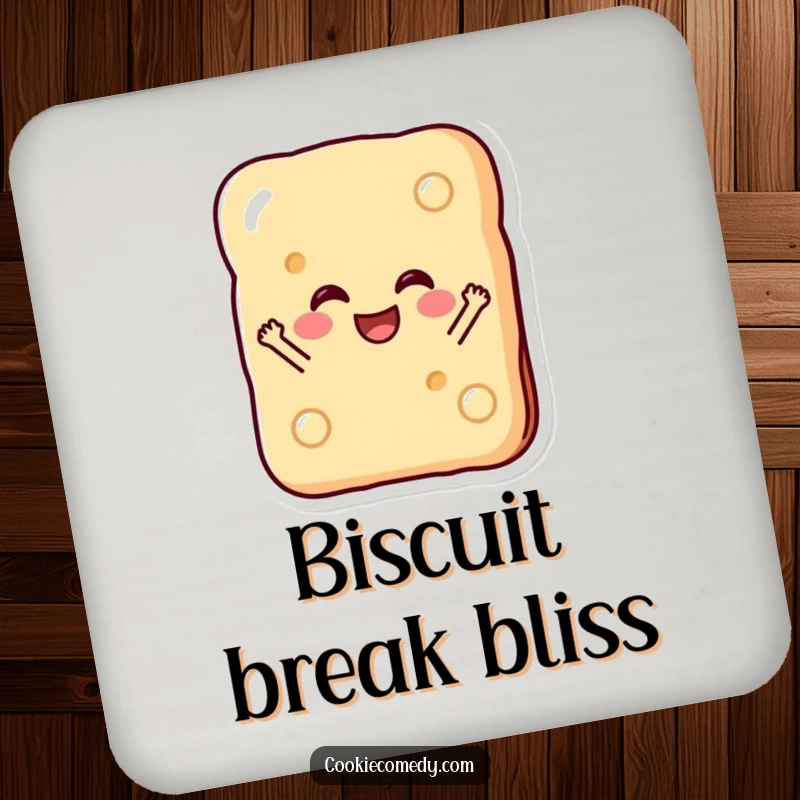 Funny drink coaster with a happy rectangular biscuit character in a cheerful jump, protecting surfaces with a smile.