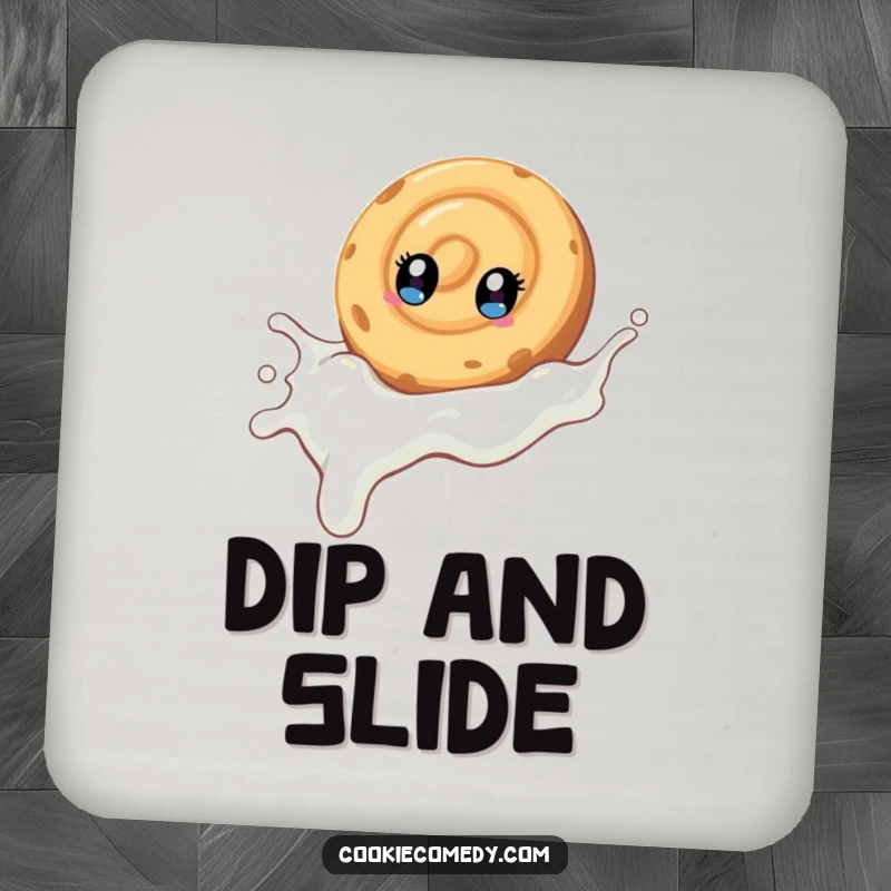 Funny drink coaster featuring a swirled cookie character with bright eyes, sliding into milk, perfect for protecting surfaces with humor.