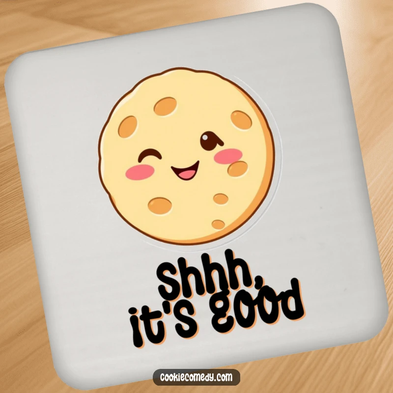 Funny drink coasters featuring a cheerful cookie character winking, providing surface protection with a touch of humorous charm.