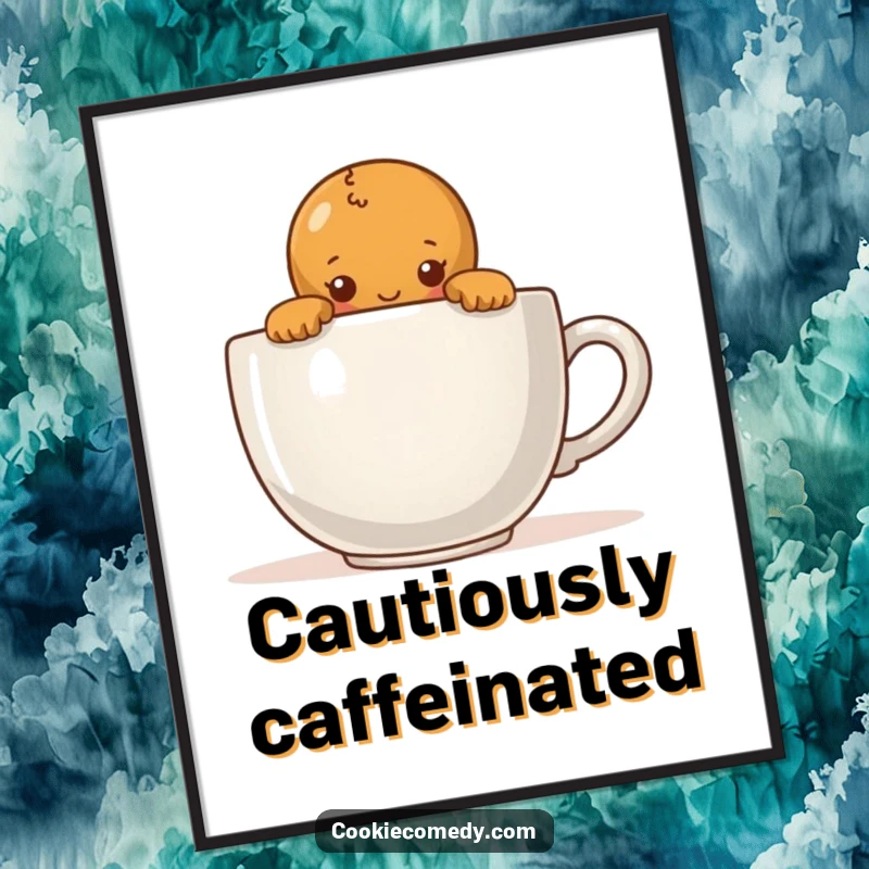 Funny poster art featuring a shy gingerbread person peeking over a massive coffee cup, adding a touch of sweet, quiet charm to decor.