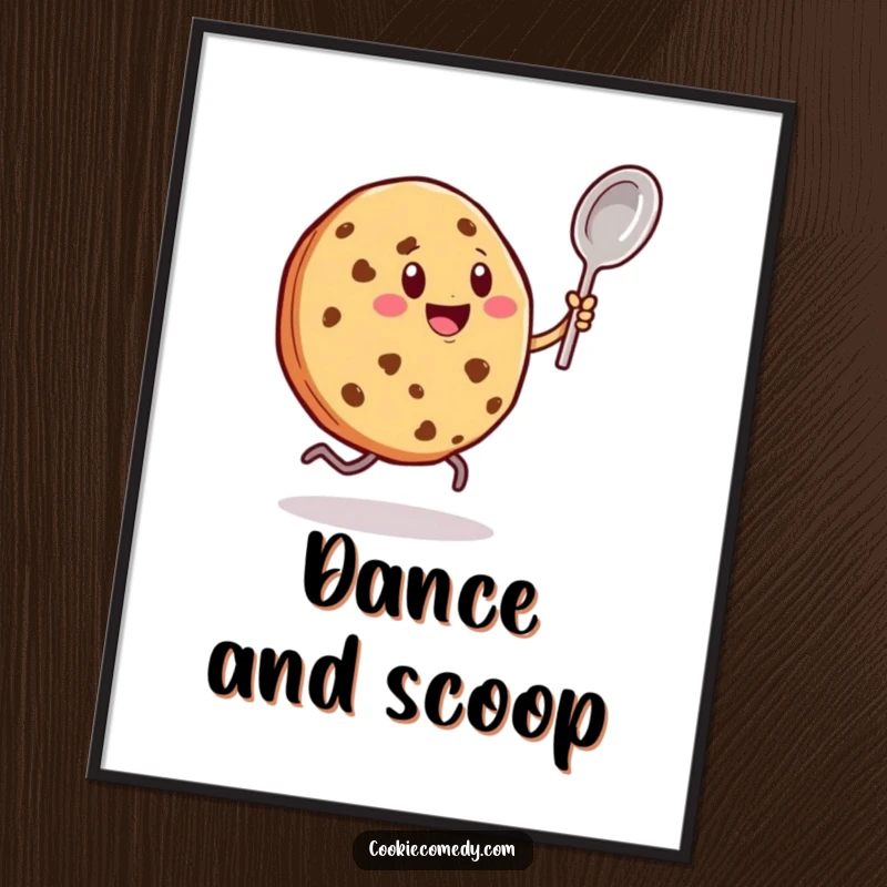 Funny poster featuring a cookie character with little legs enthusiastically dancing with a tiny spoon, bringing rhythmic joy and playful humor.