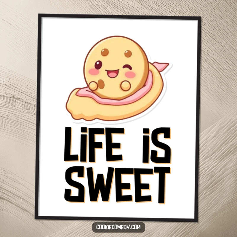 Funny poster featuring a round cookie character joyfully sliding down a glistening ribbon of frosting, perfect for adding sweet humor.