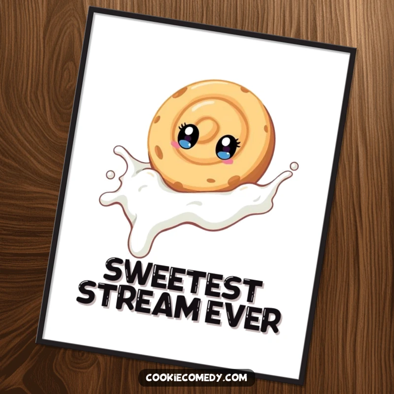 Funny poster art of a swirled cookie character with bright eyes, enjoying a thrilling slide down a milk stream, adding whimsy to decor.