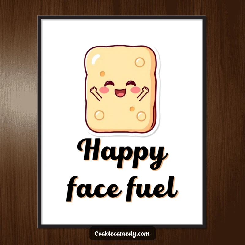 Funny poster art featuring a rectangular biscuit character with a wide, happy grin, joyfully jumping, adding bright energy to walls.