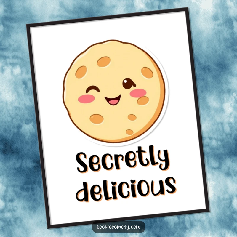 Funny poster print of a cheerful cookie character with simple eyes and a wide smile, playfully winking to bring humor to wall decor.