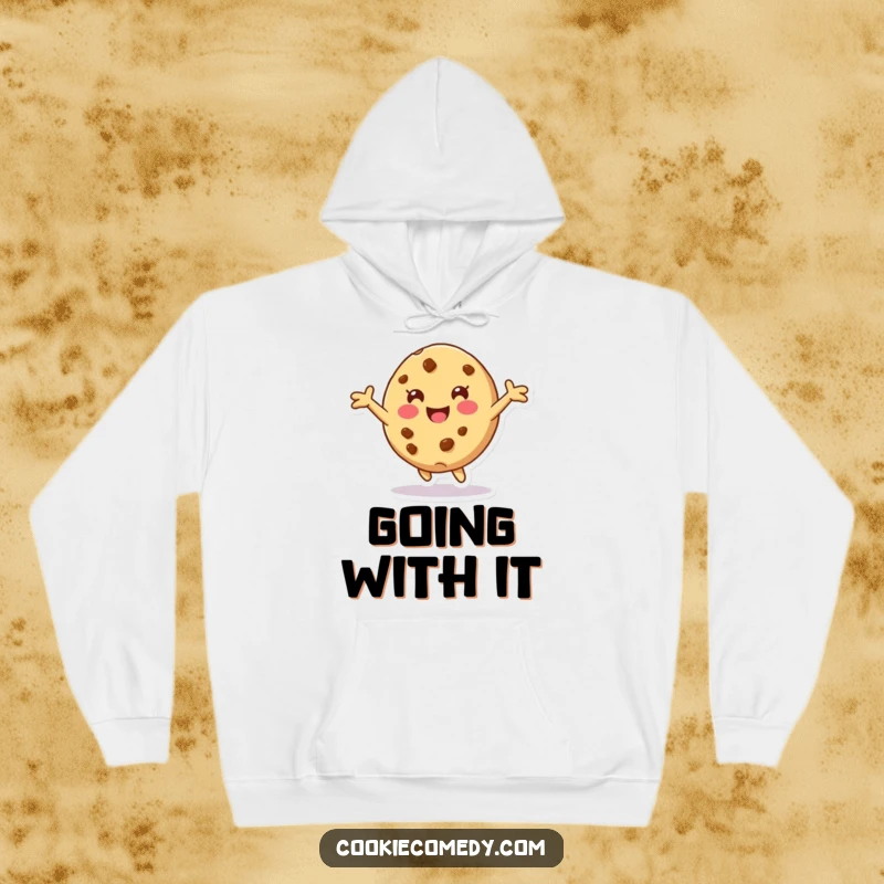 Funny hoodie featuring a cookie character with arms outstretched, playfully tumbling forward, offering warmth and a touch of lighthearted fun.