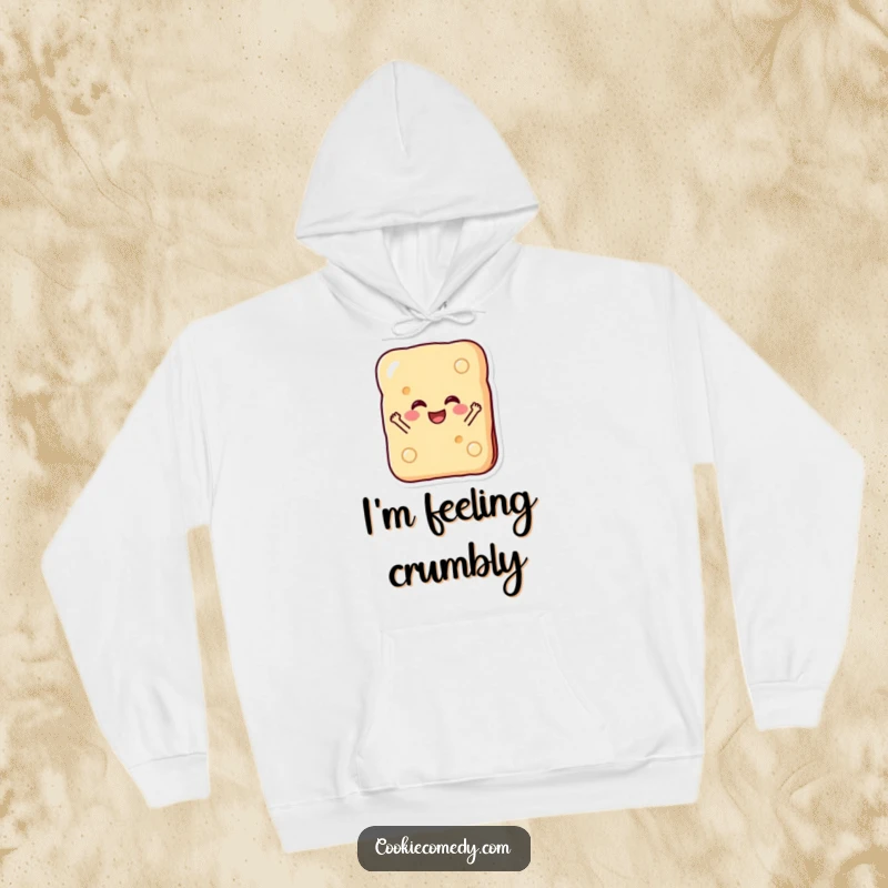 Funny hoodie graphic of a smiling rectangular biscuit character, depicted mid-jump with pure elation, ideal for cozy, cheerful wear.