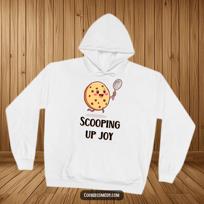 Funny hoodie featuring a cookie character with little legs enthusiastically dancing with a tiny spoon, offering warmth and a dose of lively fun.