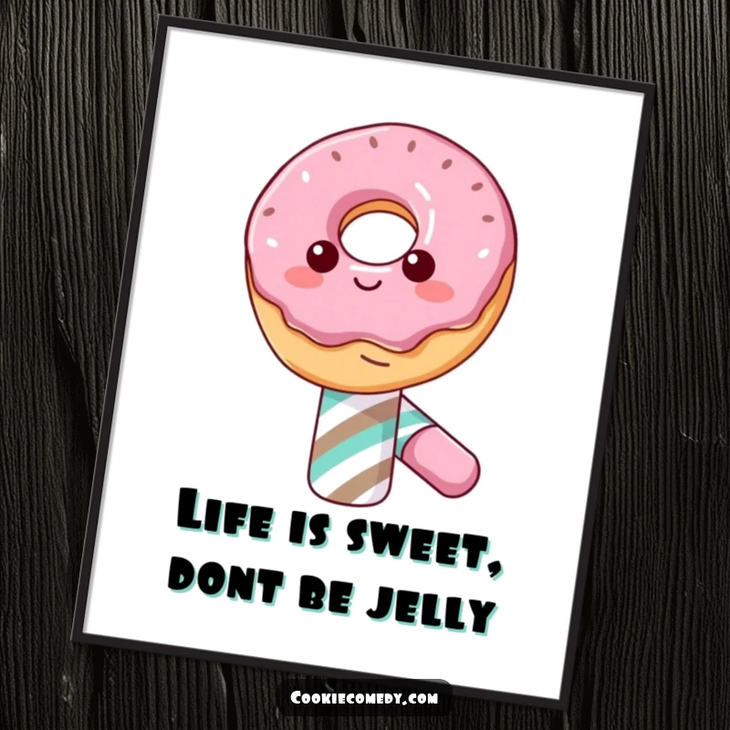 Funny Free Printable Wall Art: A happy donut character energetically balancing on the very top of a tall candy cane.