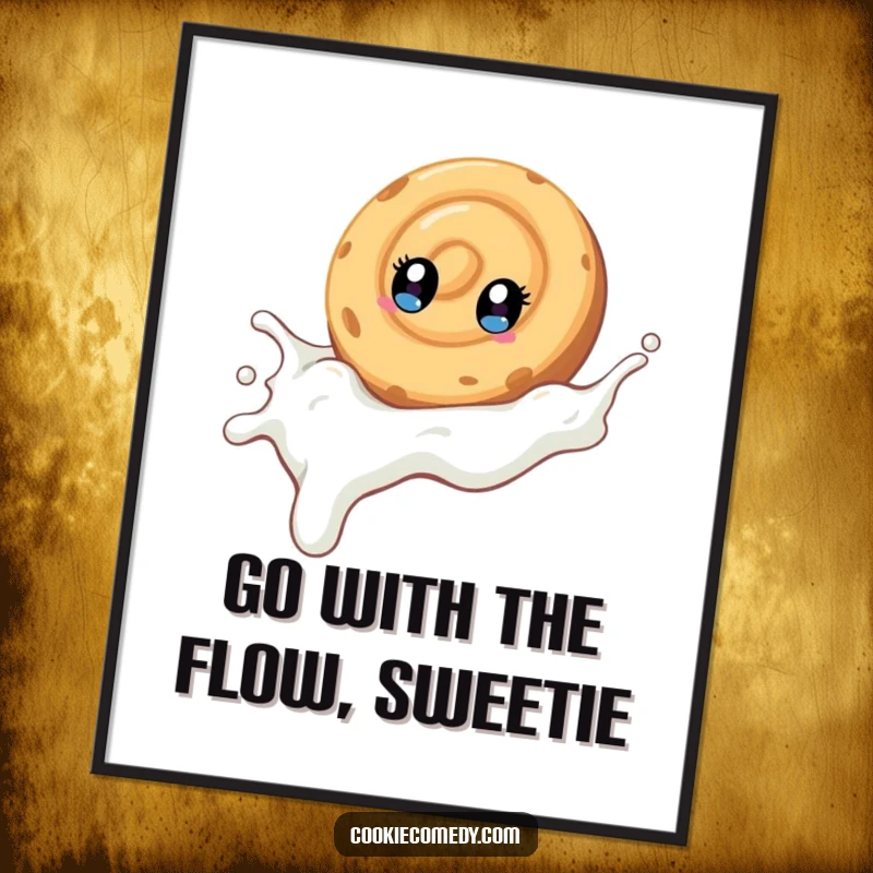 Funny Free Printable Wall Art: A swirled cookie with wide, bright eyes enjoying a thrilling slide down a milk stream.