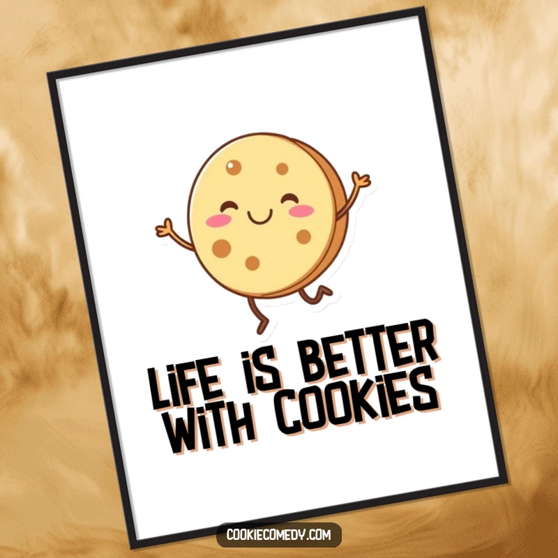 Funny free printable wall art: a smiling, round cookie with tiny legs doing a spirited, joyful dance.