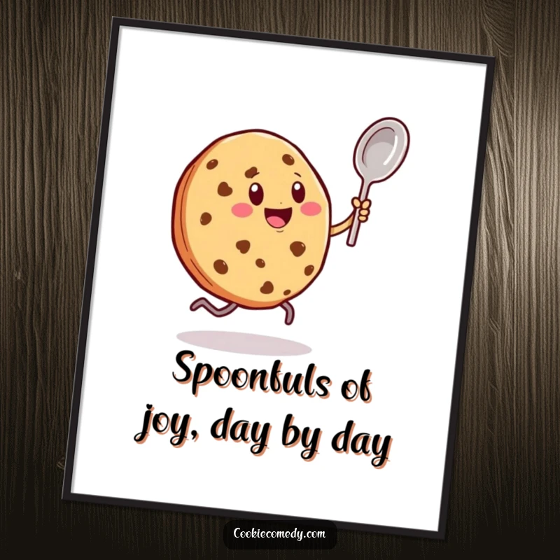 Funny Free Printable Wall Art: Cookie Character Dances Joyfully with a Tiny Spoon, a Playful Downloadable