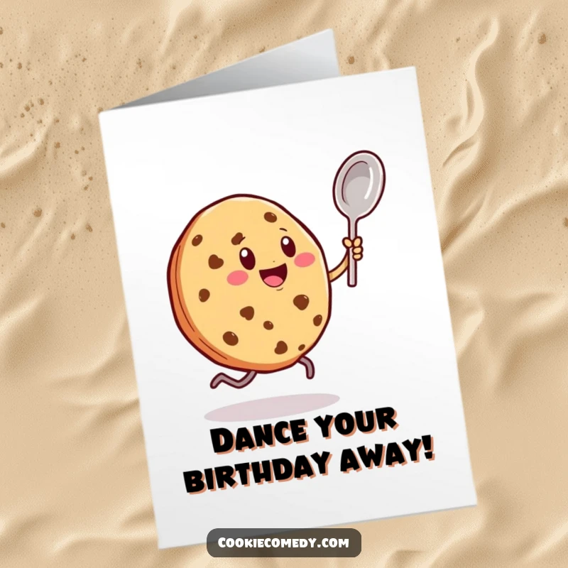 Funny Free Printable Birthday Card: Cookie Character Dances Enthusiastically with Spoon, a Lively and Humorous Design