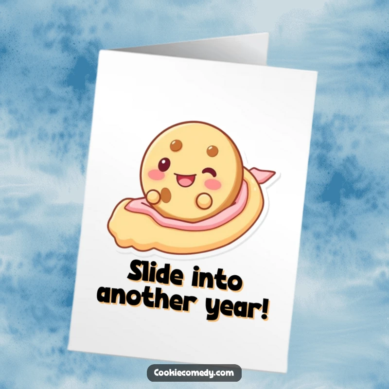 Funny Free Printable Birthday Card: Cookie Character Gleefully Slides Down Frosting, a Joyful and Humorous Design