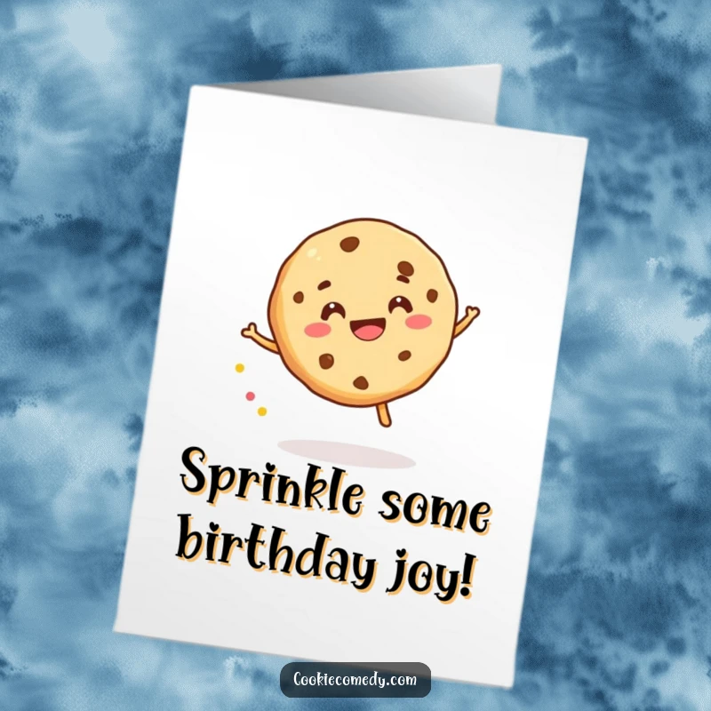Funny Free Printable Birthday Card: Smiling Cookie Gleefully Bounces a Sprinkle, a Delightful and Humorous Design