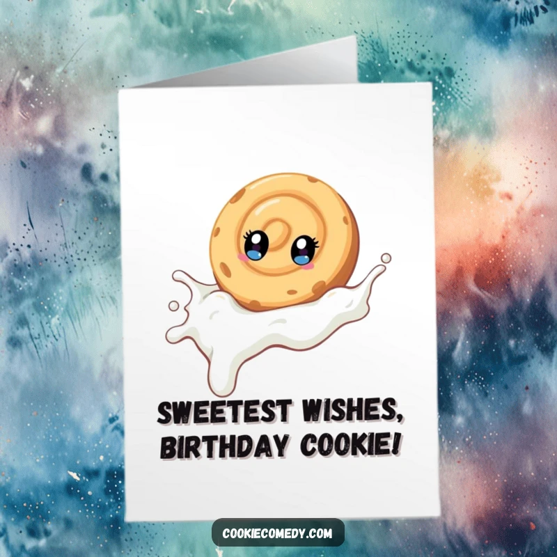 Funny Free Printable Birthday Card: A swirled cookie with bright eyes joyfully sliding down a stream of milk.