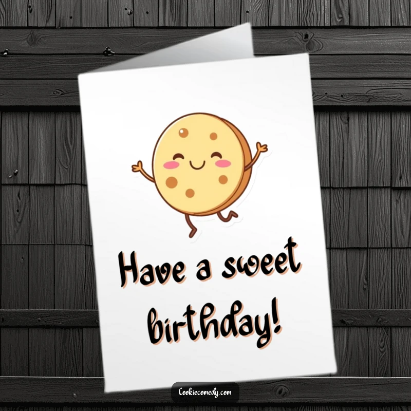 Funny free printable birthday card: a smiling, round cookie with short legs doing an energetic, joyful dance.