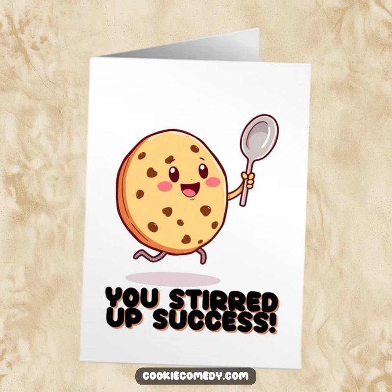 Funny Free Printable Congrats Card: Cookie Character Dances Merrily with Spoon, a Fun Downloadable