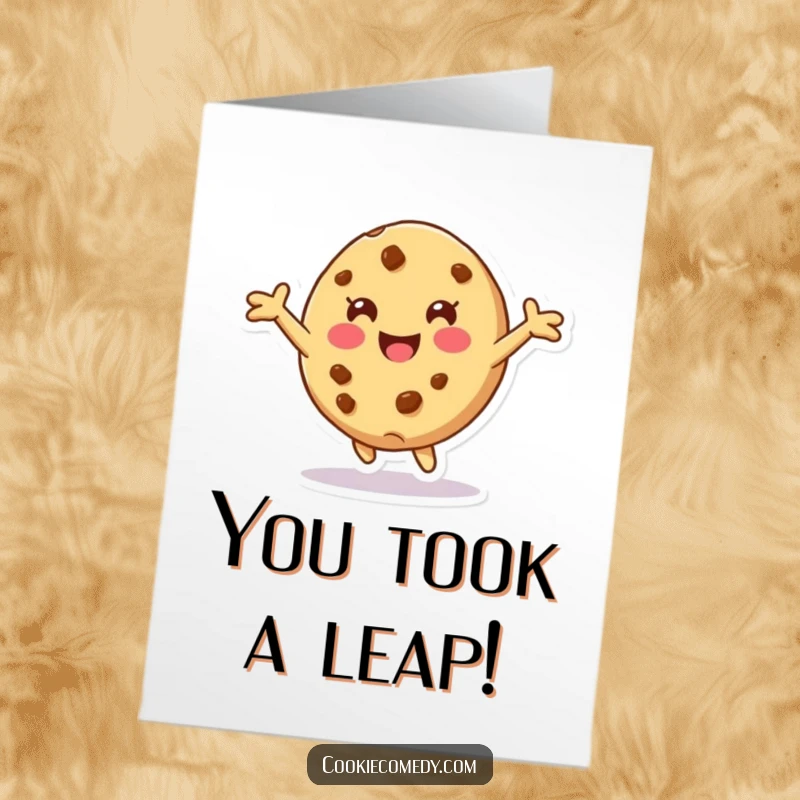 Funny Free Printable Congrats Card: Cookie Character Tumbles Forward with Arms Wide, a Spirited Downloadable