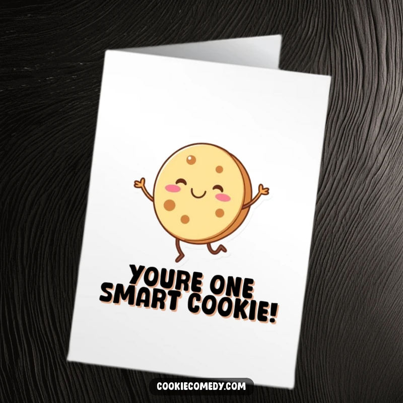 Funny free printable congratulations card: a smiling, round cookie with short legs dancing joyfully to celebrate success.