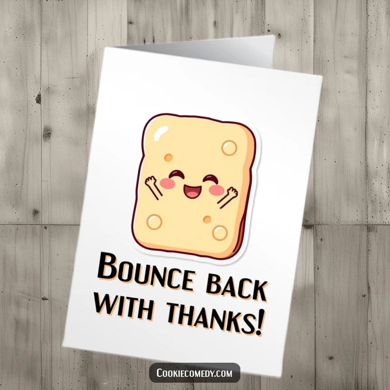 Funny Free Printable Thank You Card: A rectangular biscuit character with a big happy face jumping for joy.