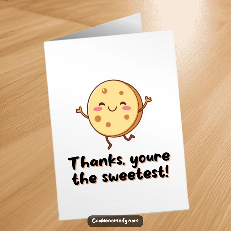 Funny free printable thank you card: a smiling, round cookie with short legs dancing happily to show gratitude.