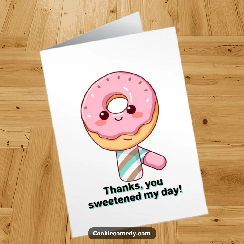 Funny Free Printable Thank You Card: A happy donut character maintaining its balance on the tip of a candy cane.