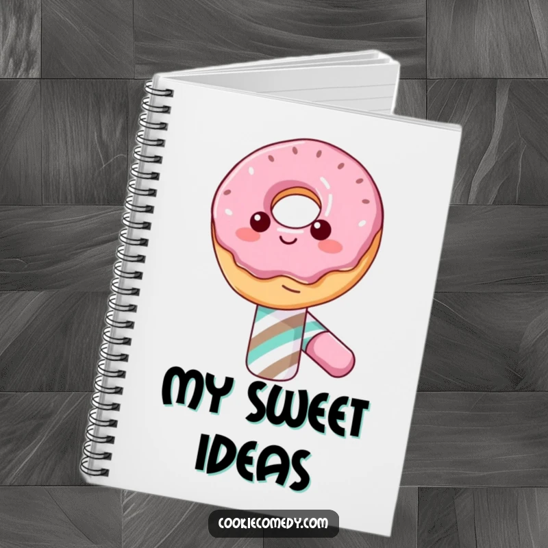 Funny notebook cover with a happy donut character balancing on a candy cane, ideal for journaling and creative writing.