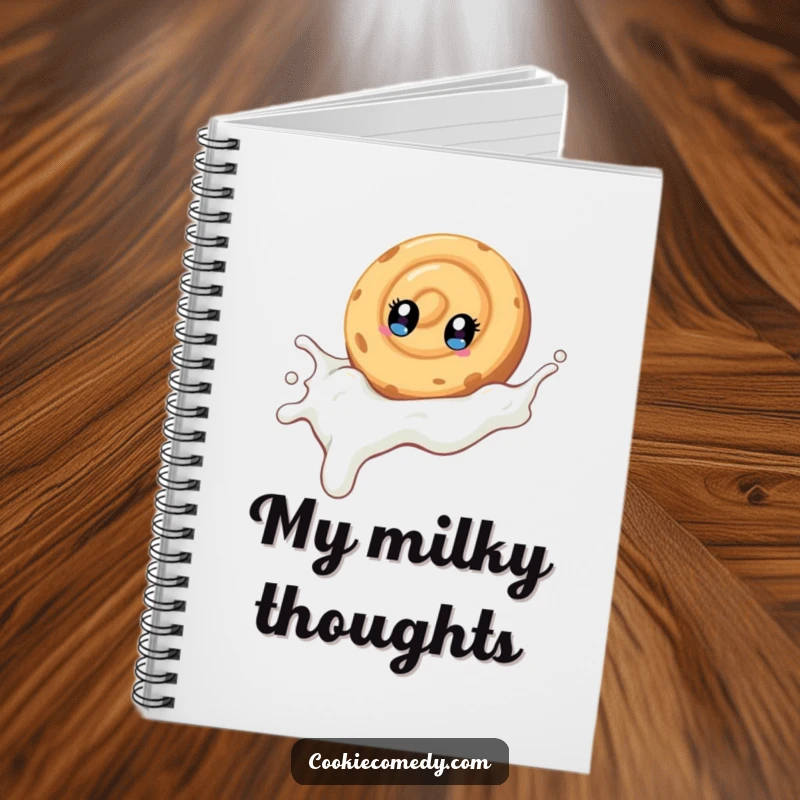 Funny notebook cover depicting a swirled cookie character with bright eyes, sliding down a milk stream, perfect for capturing thoughts.