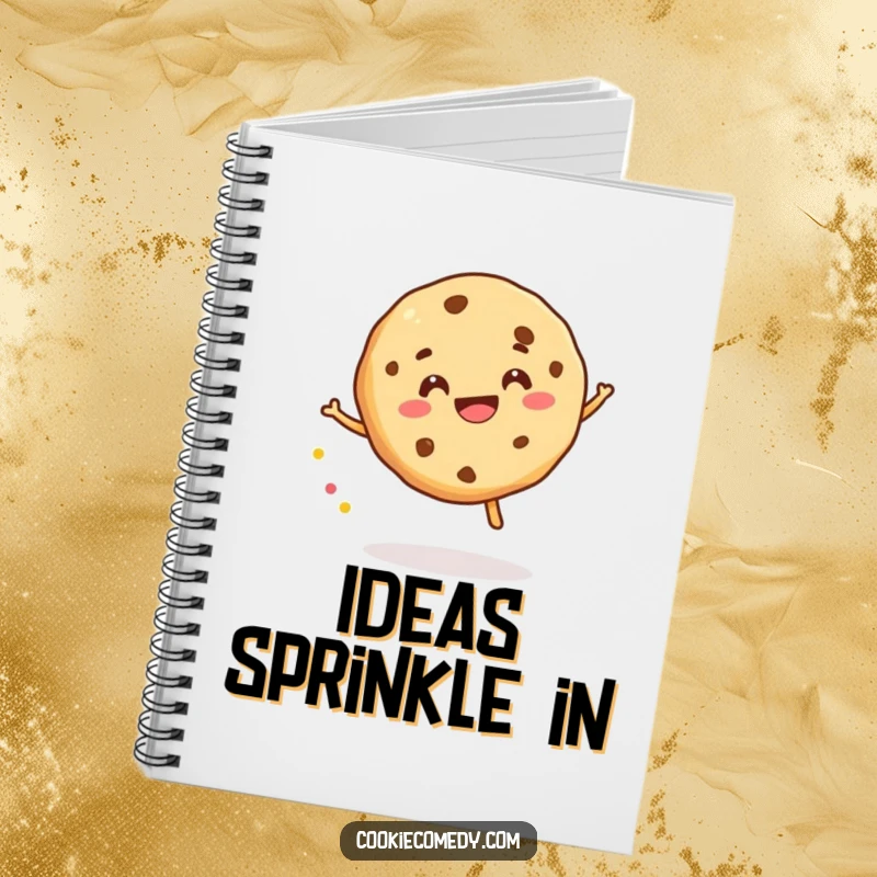 Funny notebook with a cookie character gleefully bouncing a sprinkle, perfect for jotting down notes with a joyful and energetic theme.