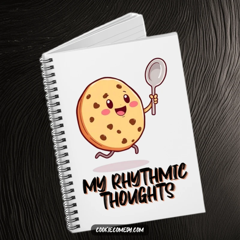 Funny notebook with a cookie character enthusiastically dancing with a tiny spoon, perfect for jotting down notes with a rhythmic and joyful theme.